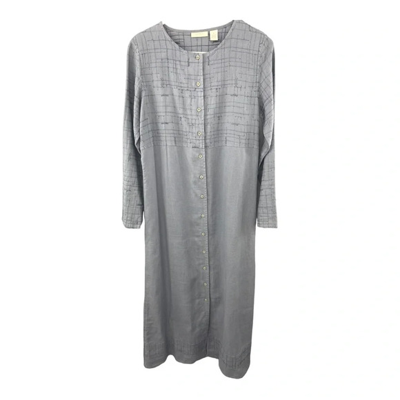 Vintage J.Jill 100% Linen Gray Long Sleeve Button Front Maxi Dress Size Small - Picture 1 of 8